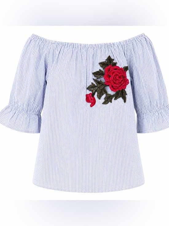 SJS Tops - Blue & White Striped Off-Shoulder Top With Floral Embroidery Ruffle Sleeves SJS